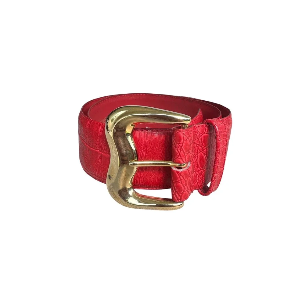 Vintage Milor Red Embossed Leather Belt, Big Gold Buckle, Size Small 32